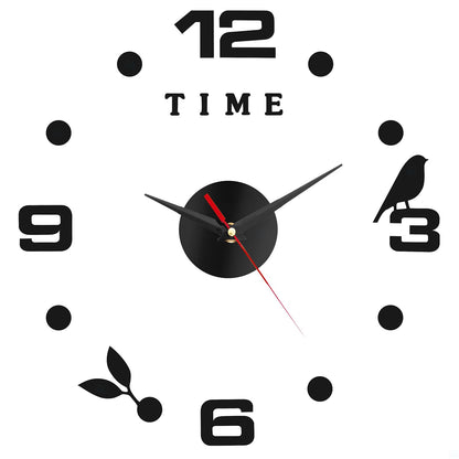 ABOUT SPACE Wall Clock - DIY Wall Sticker Clock Self Adhesive, Non-Ticking, Frameless, Acrylic Analog Watch Adjustable Size for Living Room, Bedroom, Office (Black - Numbers, Birds, Dots)