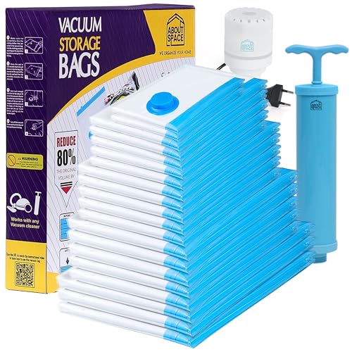 ABOUT SPACE 20 Pack Vacuum Bags for Travel with Electric & Hand Pump (3-X Jumbo/5 Jumbo/5 Large/5 Medium/2 Small)