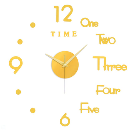 ABOUT SPACE Wall Clock - DIY Wall Sticker Clock Self Adhesive, Non-Ticking, Frameless, Acrylic Analog Watch Adjustable Size for Living Room, Bedroom, Office (Gold - Numbers, Words, Dots)