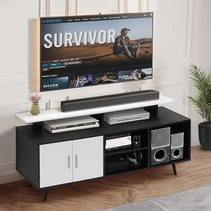 ABOUT SPACE TV Unit for Living Room - Engineered Wood DIY TV Stand with Cable Hole Cabinet with Door, Adjustable Shelf, Open Display Shelves (Black & White- L140 x B40 x H64 cm)