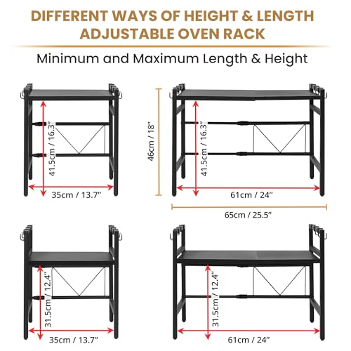 ABOUT SPACE Kitchen Storage Rack - Expandable & Height Adjustable Microwave Stand with Hooks - Black -L65 x B36.5 x H46 cm