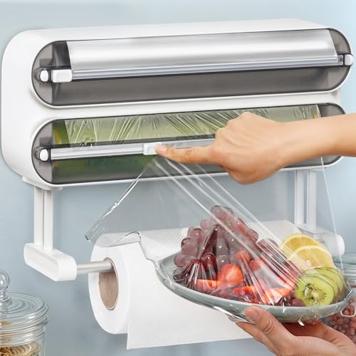 ABOUT SPACE Magnetic Wrap Dispenser with Cutter - 4 in 1 Wall Mounted Wrap Holder with Cutter & Storage Kitchen Tissue Roll Holder Plastic / Cling Wrap Dispenser - Transparent (L 35.5 x B 8 x H 21 cm)