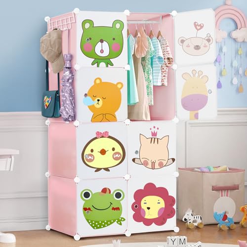 ABOUT SPACE Kids Wardrobe - DIY 8 Cube Kids Almirah with Cartoon Door, Side Hanger, Cloth Hanger, Door Magnet & Hamer - Collapsible Baby Clothes Organizer| Storage for Baby Clothes Boys Girls - Pink