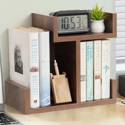 ABOUT SPACE Table Top Bookshelf - Countertop Bookcase with 3 Shelves, DIY Engineered Wood Multipurpose Storage Organizer Table Shelf Book Rack for Home Study Room (L 33 x B 17 x H 30 cm - Walnut