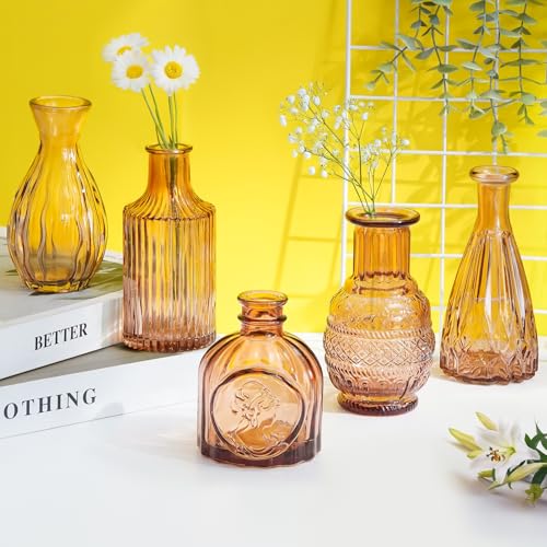 ABOUT SPACE Glass Bud Flower Vase – Pack of 5 Glass Centrepiece Mini Flower Vase -Antique Collections for Wedding Decorations Sturdy Textured Drop Shaped Table Top Decor for Home, Restaurants - Brown
