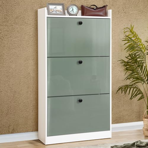 ABOUT SPACE Shoe Rack for Home - 4.5ft 3 Tier Tilt Out Door Semi-UV Gloss Laminate DIY Engineered Wood Shoe Cabinet - Anti-tip Protection Removable Adjustable Panels for 18 - 20 Pairs - Green & White