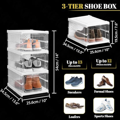 ABOUT SPACE Shoe Box- 3 Tier Transparent Shoe Rack - Collapsible Shoe Organiser with Door-Foldable (L 25.6 x B 34.5 x H 54 cm)