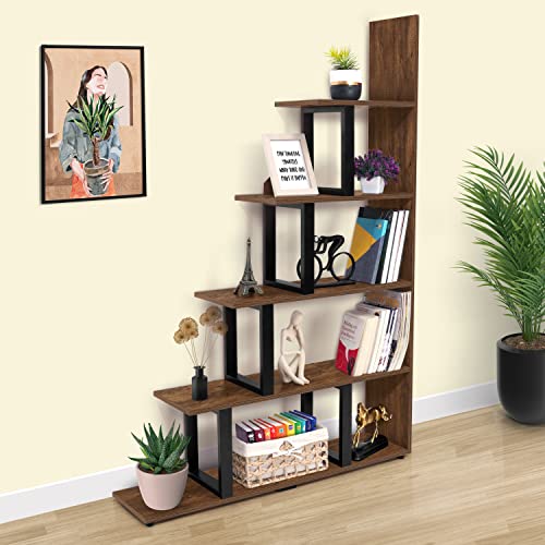 ABOUT SPACE Book Shelf - 5 Tier L-Shaped Unique Step Pattern Book Stand (L 100 x B 25 x H 150 cm - Brown)
