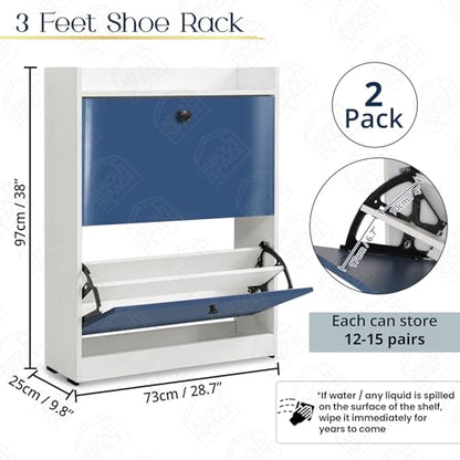 ABOUT SPACE Shoe Rack for Home - 3ft 4 Tilt Out Door Semi-UV Gloss Laminate DIY Engineered Wood Shoe Cabinet - Anti-tip Protection Removable Adjustable Panels for 25-30 Pairs - Blue & White