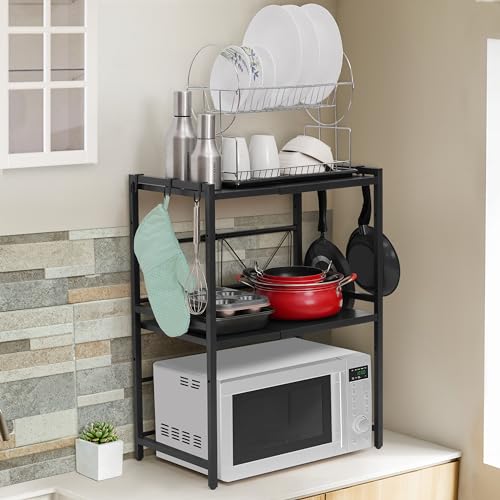 ABOUT SPACE Kitchen Storage Rack -2 Tier Expandable & Height Adjustable Microwave Stand with Hooks Black - L 64.5 x B 36.5 x H 77 cm