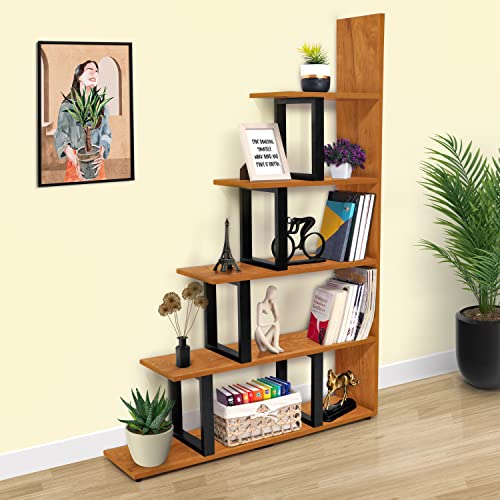 ABOUT SPACE Book Shelf - 5 Tier L-Shaped Unique Step Pattern Book Stand (L 100 x B 25 x H 150 cm - Wood Colour)