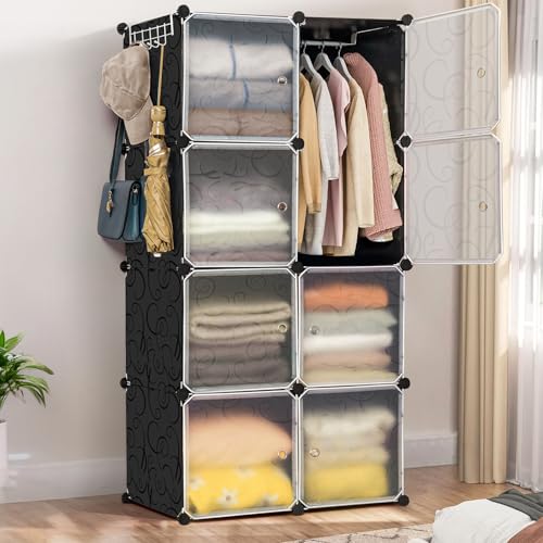 ABOUT SPACE Collapsible Wardrobe - DIY 8 Cube Plastic Almirah for Clothes with Doors, Side Hanger, Clothes Hanger, Door Magnet & Hamer- Foldable Wardrobe for Storage for Home | Storage Organizer-Black