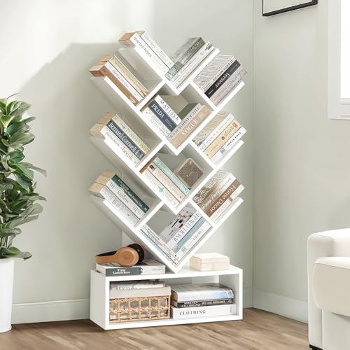 ABOUT SPACE Book Shelf for Home - 11 Tier Tree Shaped Book Rack for Study Room DIY Wooden Book Stand with Bottom Storage Space for Office, Livingroom, Bedroom (White - L 57 x B 20 x H 109 cm)