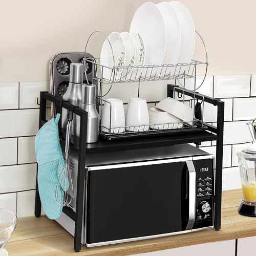 ABOUT SPACE Kitchen Storage Rack - Expandable & Height Adjustable Microwave Stand with Hooks - Black -L65 x B36.5 x H46 cm
