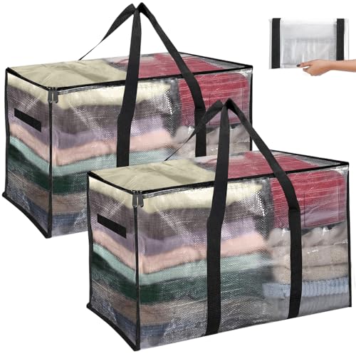 B0DP97CXRC ABOUT SPACE 2 Pcs Extra Large Moving Bag 105 L Storage Bags for Clothes Large - PP Packing Bags for Shifting- Organizer Bag for Books, Blanket Cover Bag with Wrap Around Handles & Zipper - Transparent