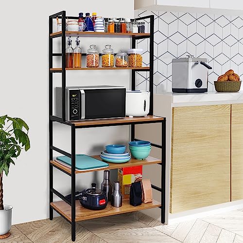 ABOUT SPACE 5 Tier Kitchen Rack (5.5 Ft) - Multipurpose Baker’s Rack L 2.5 x B 1.2 Ft - Wood Colour