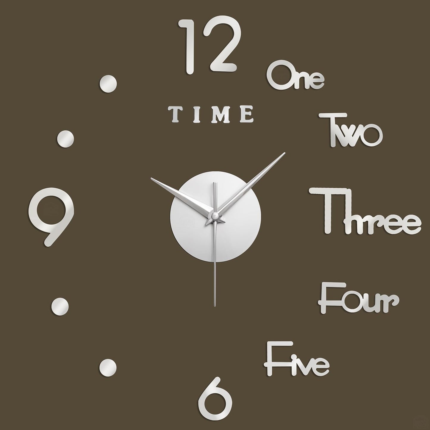 ABOUT SPACE Wall Clock - DIY Wall Sticker Clock Self Adhesive, Non-Ticking, Frameless, Acrylic Analog Watch Adjustable Size for Living Room, Bedroom, Office (Silver - Numbers, Words, Dots)