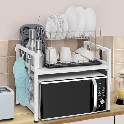 ABOUT SPACE Kitchen Storage Rack - Expandable & Height Adjustable Microwave Stand with Hooks - White -L65 x B36.5 x H46 cm