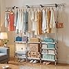 ABOUT SPACE Three Column Cloth Stand - Freestanding Metal Garment Rack with 8 Fabric Shelves & Side Hooks - Cloth Rack for Bedroom, Living Room, Walkin Closet (Black L 161.5 x B 35 x H 176 cm)