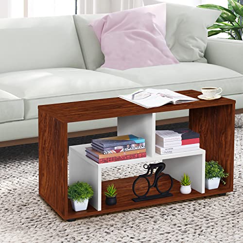 ABOUT SPACE Coffee Table - Teapoy/Tea Table with Storage & Bushes (L 90 x B 45 x H 47.5 cm, Oak Red)