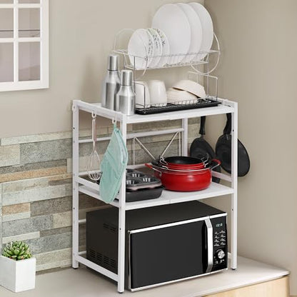ABOUT SPACE Kitchen Storage Rack -2 Tier Expandable & Height Adjustable Microwave Stand with Hooks White - L 64.5 x B 36.5 x H 77 cm