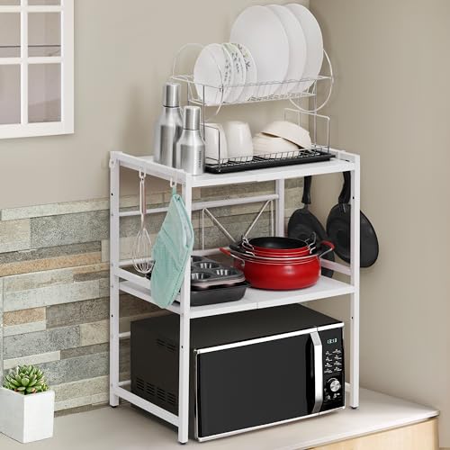 ABOUT SPACE Kitchen Storage Rack -2 Tier Expandable & Height Adjustable Microwave Stand with Hooks White - L 64.5 x B 36.5 x H 77 cm