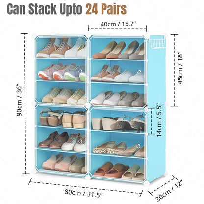 ABOUT SPACE Shoe Rack Organizer - 12 Layer Shoe Stand With Hanger & Door - DIY 24 Pair Portable, Expandable 4 Cube Shoe Stand (Blue)