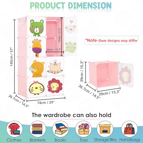 ABOUT SPACE Kids Wardrobe - DIY 8 Cube Kids Almirah with Cartoon Door, Side Hanger, Cloth Hanger, Door Magnet & Hamer - Collapsible Baby Clothes Organizer| Storage for Baby Clothes Boys Girls - Pink