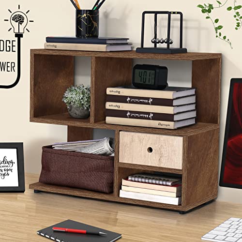 ABOUT SPACE Table Top Bookshelf - Countertop Bookcase with Drawer (Walnut - L 60 x B 25 x H 50 cm)