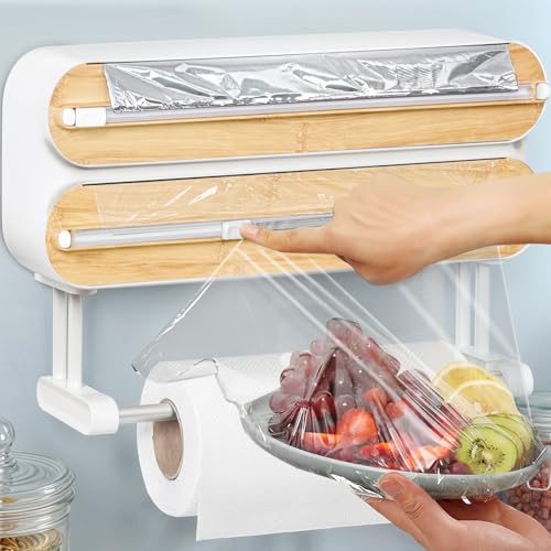ABOUT SPACE Magnetic Wrap Dispenser with Cutter - 4 in 1 Wall Mounted Wrap Holder with Cutter & Storage Kitchen Tissue Roll Holder Plastic / Cling Wrap Dispenser - Bamboo(L 35.5 x B 8 x H 21 cm)