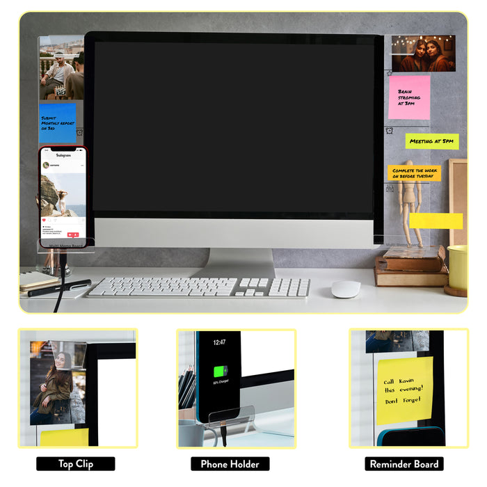 ABOUT SPACE 2 Pcs Monitor Memo Boards with Sticky Notes - Monitor Message Board - Computer Monitors Side Panel with Paper Clip, Sticky Note Holder and Phone Holder for Task Reminder to All (8x30 cm)