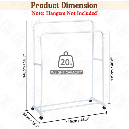 ABOUT SPACE Double Pole Double Bars Cloth Stand - Freestanding Metal Garment Rack with Sturdy Top & Bottom Storage for Shirt Blazer Kurti for Home Bedroom Living Room (Black L109 x B 54.5 x H 148 cm)