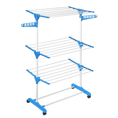 ABOUT SPACE 6 ft Clothes Drying Stand - 3 Layer Foldable Cloth Dryer Stand, Portable with Castor Wheels, 24 Hanger Rods & 2 Wings - Anti Rust Steel Sturdy Pole (Blue)