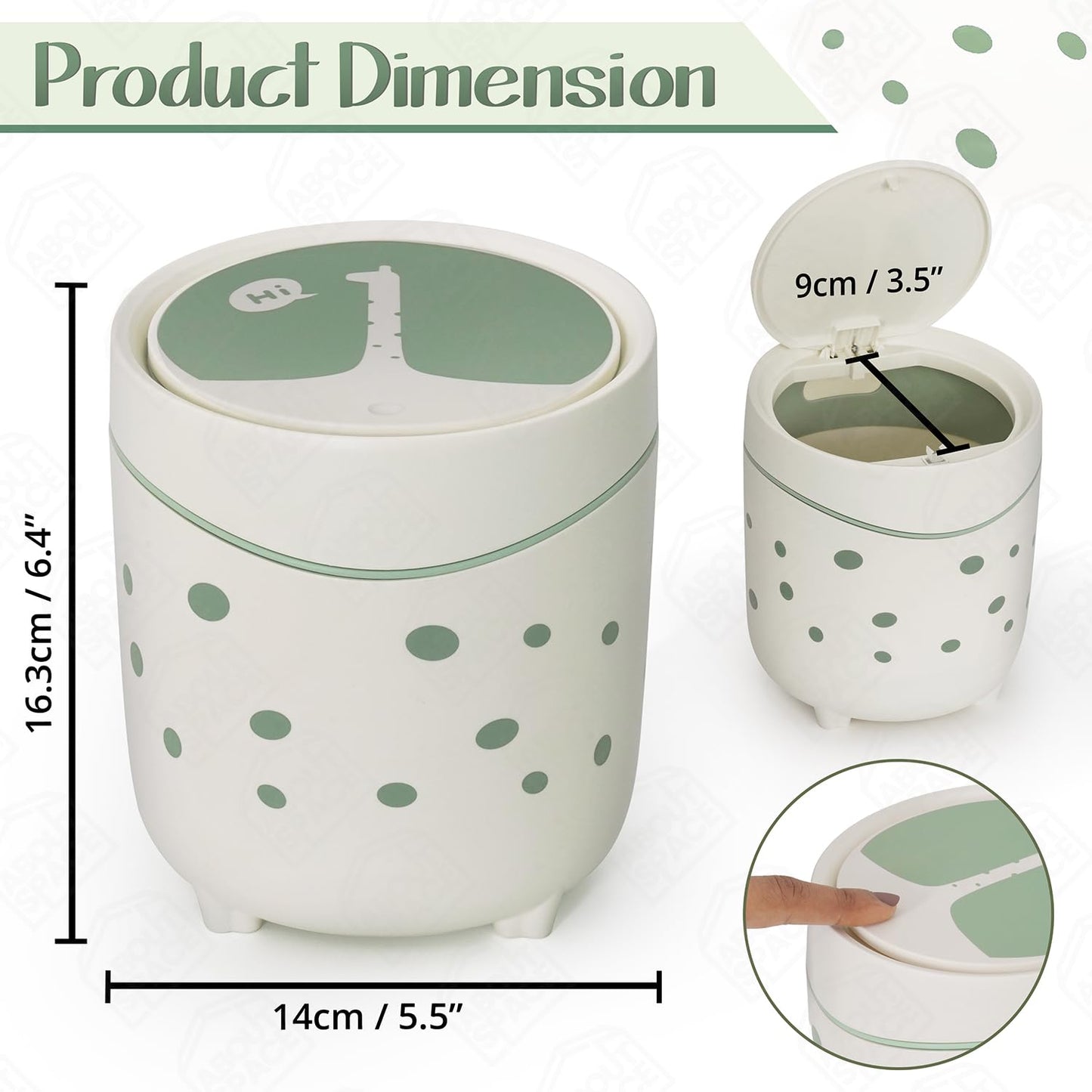 ABOUT SPACE Small Dustbin for Study Table - Mini Desktop Trash Can with Pop-Up Lid - Garbage Bin for Office Bedroom, Vanity, Bathroom - Small Size Table Dustbin (Green - L 14 x B 14 x H 16 cm)