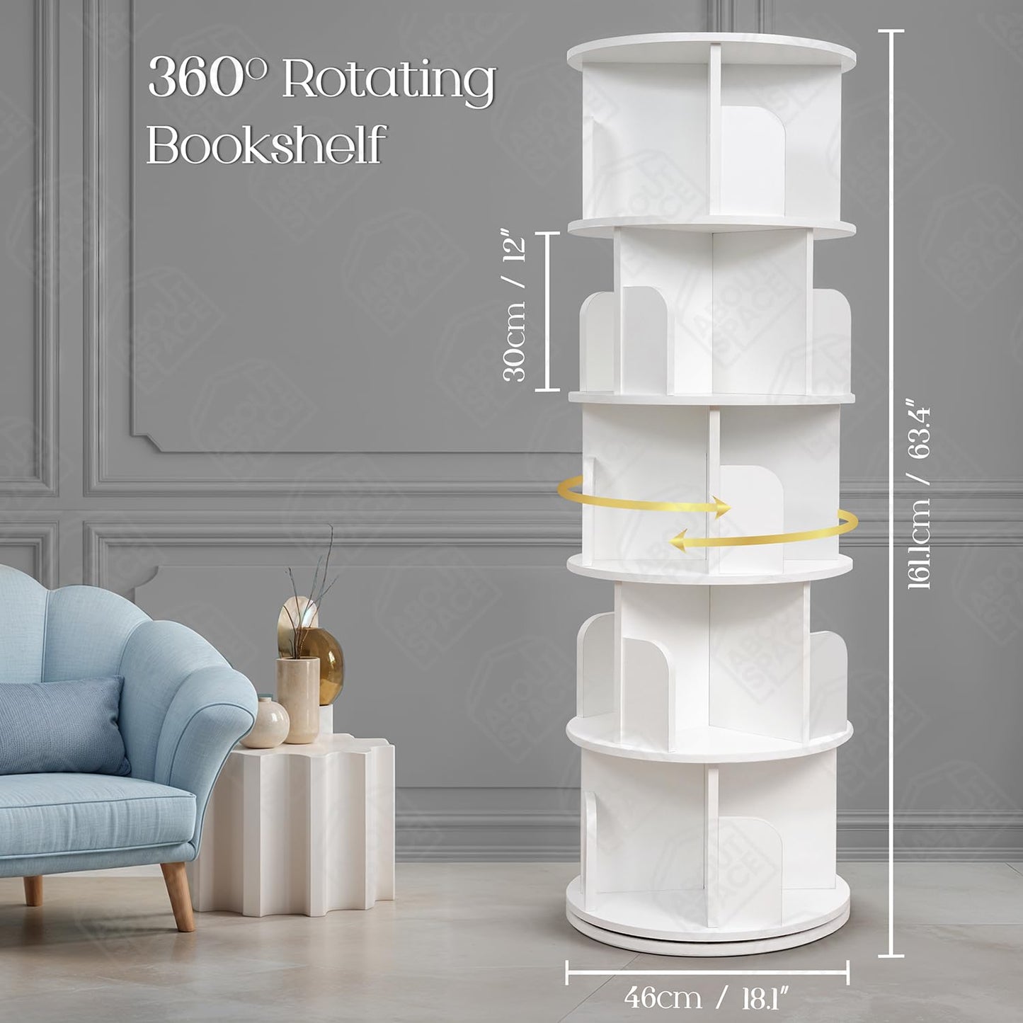 ABOUT SPACE Rotating Book Shelf for Home Library - 5 Tier 360° Book Rack | Wooden Round Bookstand with Partition, Curved Edges, Bottom Turnplate for Office Livingroom (White - L 46 x B 46 x H 160 cm)
