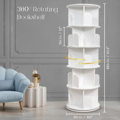 ABOUT SPACE Rotating Book Shelf for Home Library - 5 Tier 360° Book Rack | Wooden Round Bookstand with Partition, Curved Edges, Bottom Turnplate for Office Livingroom (White - L 46 x B 46 x H 160 cm)