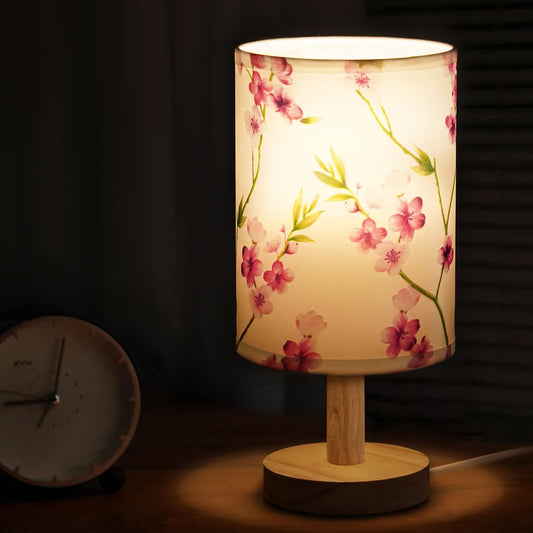 ABOUT SPACE Night Lamp - Peach Blossom Themed Bedside Reading Lamp with Wooden Base for Night, Bed Room, Living Room, Home & Decor- Cylindrical Lamp Shades for Living Room with Light (Bulb Included)