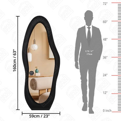 ABOUT SPACE Mirror Full Length - 5 Feet Asymmetrical Cheval Mirror for Wall with Stand & Hanging Holes, MDF Frame with Fabric Cover Vertical Display for Living Room, Bedroom (Black - H 160 x W 60 cm)
