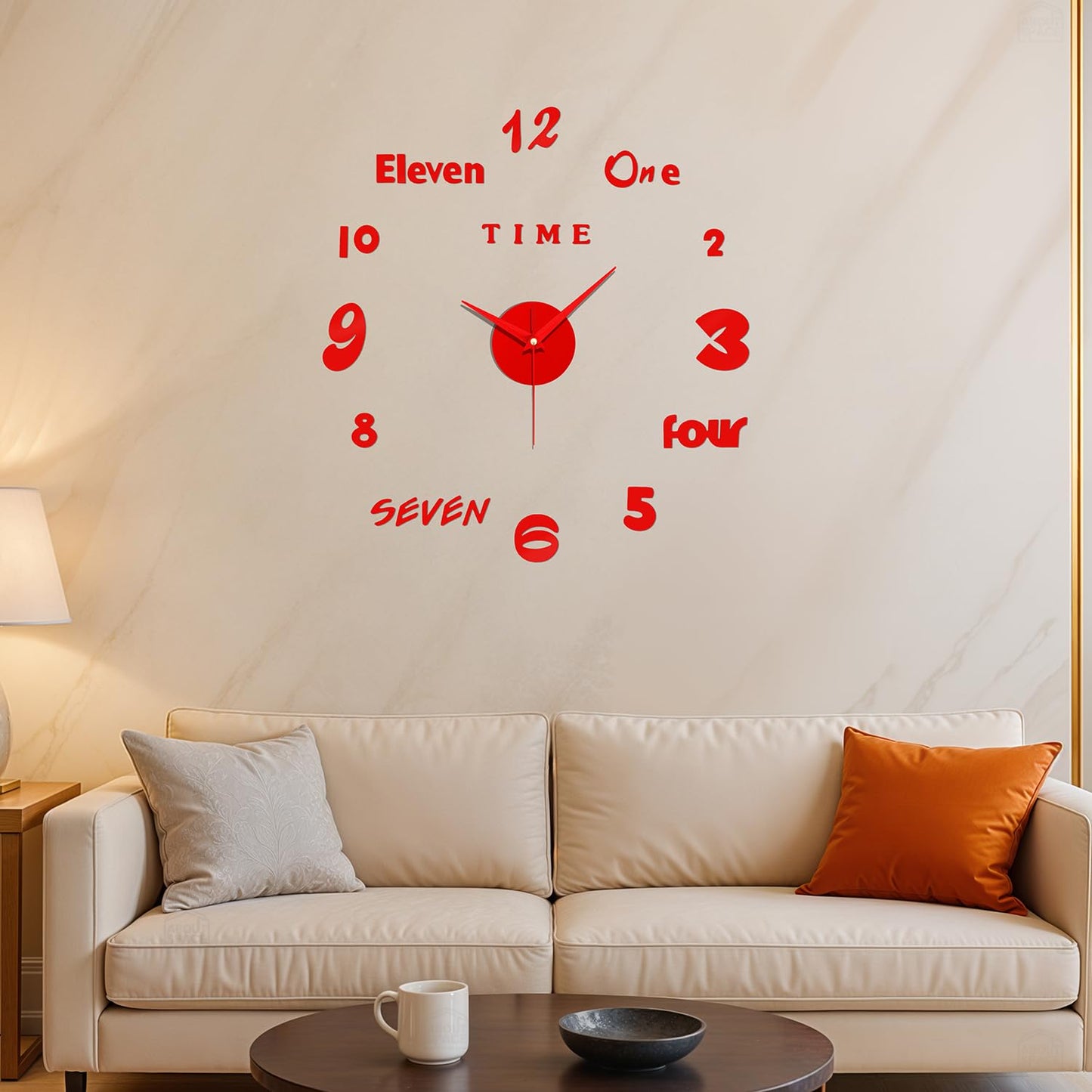 ABOUT SPACE Wall Clock - DIY Wall Sticker Clock Self Adhesive, Non-Ticking, Frameless, Acrylic Analog Watch Adjustable Size for Living Room, Bedroom, Office (Red - Numbers, Words)