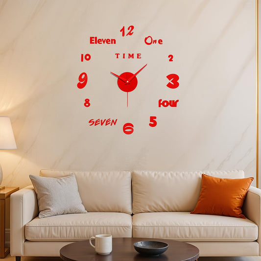 ABOUT SPACE Wall Clock - DIY Wall Sticker Clock Self Adhesive, Non-Ticking, Frameless, Acrylic Analog Watch Adjustable Size for Living Room, Bedroom, Office (Red - Numbers, Words)