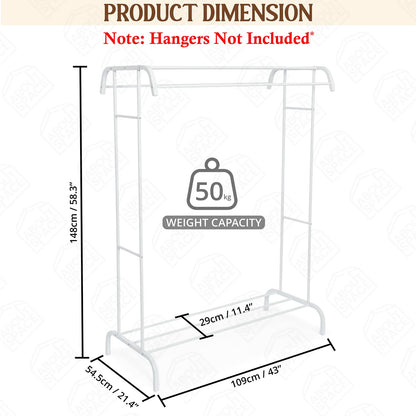 ABOUT SPACE Double Pole Double Bars Cloth Stand - Freestanding Metal Garment Rack with Sturdy Top & Bottom Storage for Shirt Blazer Kurti for Home Bedroom Living Room (White L108.5 x B 54 x H 147.5cm)