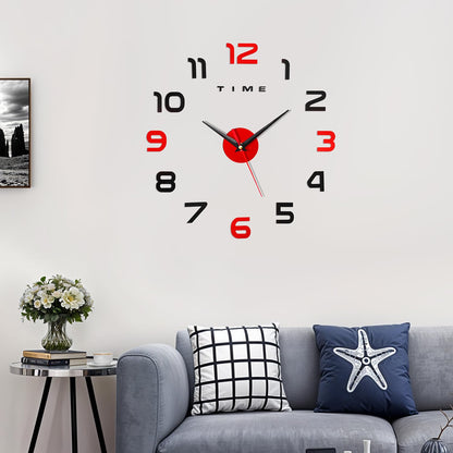 ABOUT SPACE Wall Clock - DIY Wall Sticker Clock Self Adhesive, Non-Ticking, Frameless, Acrylic Analog Watch Adjustable Size for Living Room, Bedroom, Office (Black, Red - Numbers)