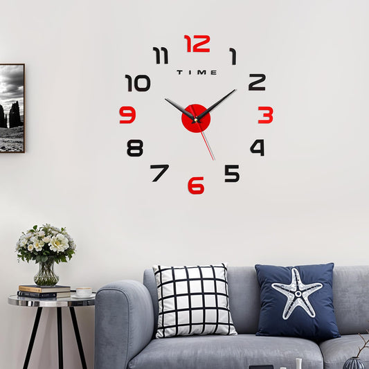 ABOUT SPACE Wall Clock - DIY Wall Sticker Clock Self Adhesive, Non-Ticking, Frameless, Acrylic Analog Watch Adjustable Size for Living Room, Bedroom, Office (Black, Red - Numbers)