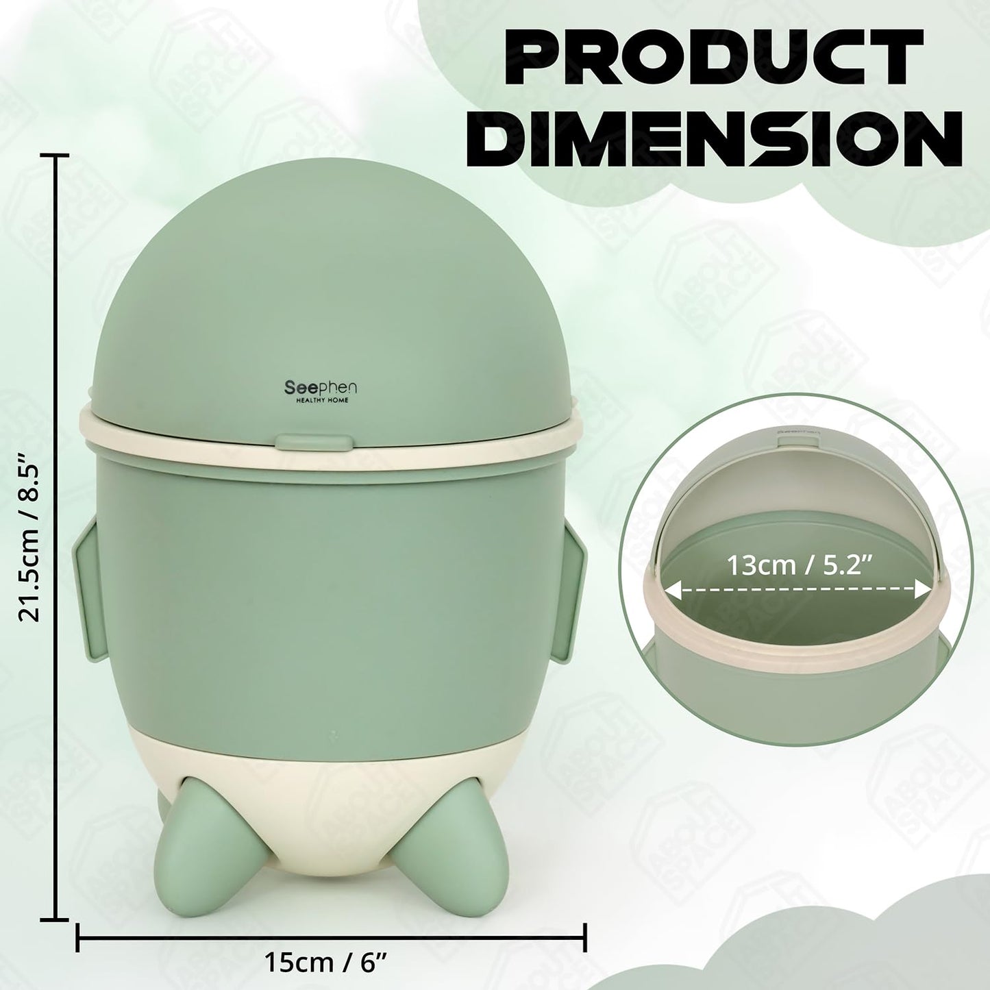 ABOUT SPACE Small Dustbin for Study Table - Mini Desktop Trash Can with Flip Lid - Garbage Bin for Office Bedroom Vanity - Rocket Shaped Small Size Table Dustbin (Green - L 15 x B 15 x H 21.5cm)