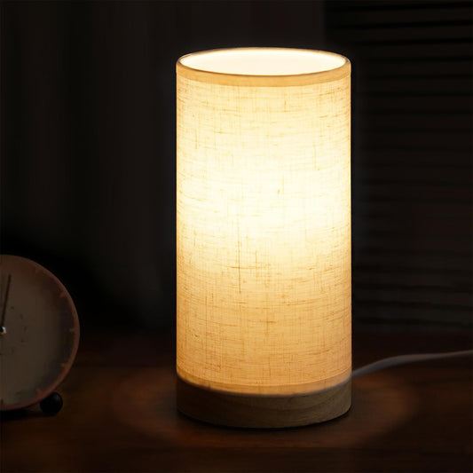 ABOUT SPACE Night Lamp - Linen Themed Bedside Reading Lamp with Wooden Base for Night, Bed Room, Living Room, Home & Decor- Drum Lamp Shades for Living Room with Light (Bulb Included)