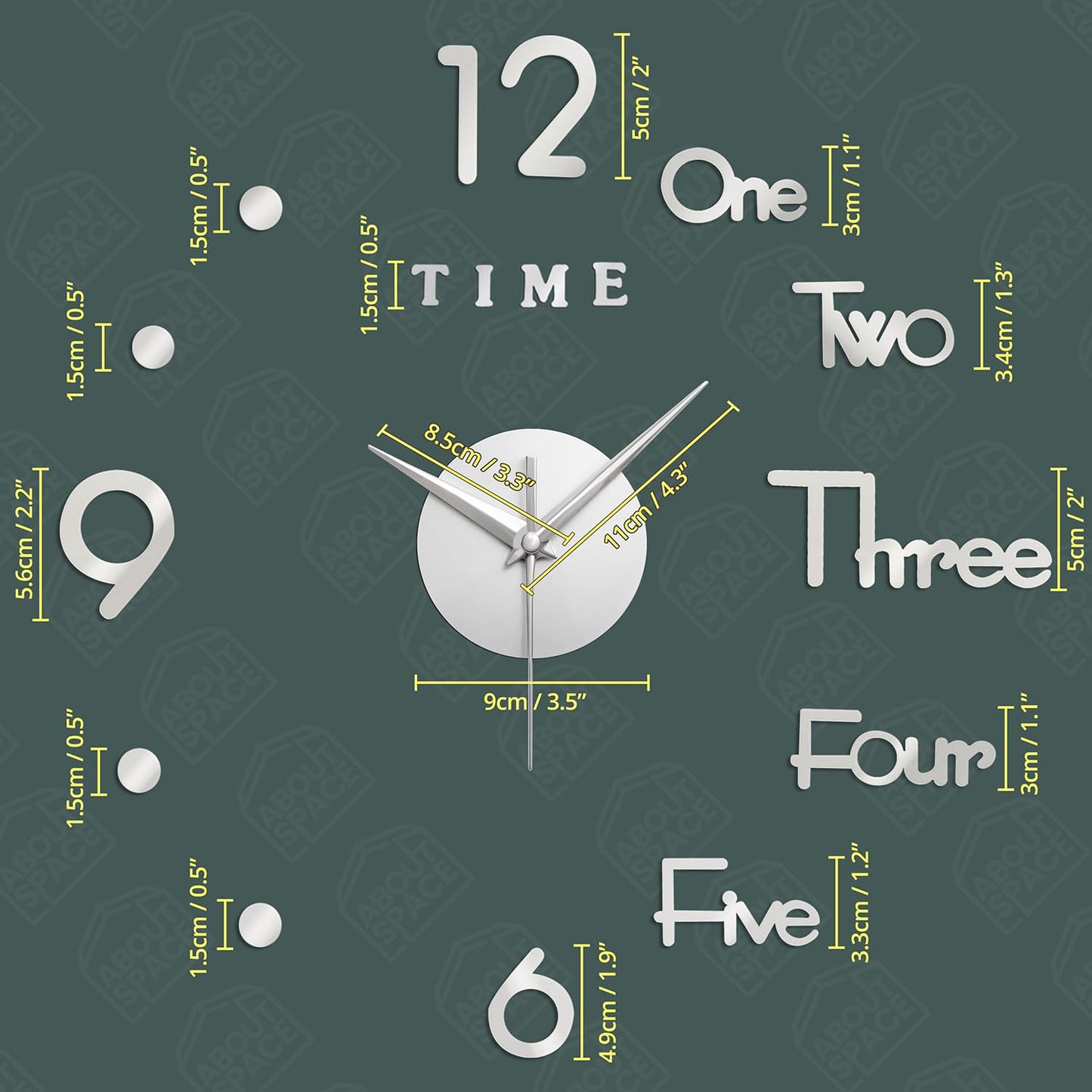 ABOUT SPACE Wall Clock - DIY Wall Sticker Clock Self Adhesive, Non-Ticking, Frameless, Acrylic Analog Watch Adjustable Size for Living Room, Bedroom, Office (Silver - Numbers, Words, Dots)