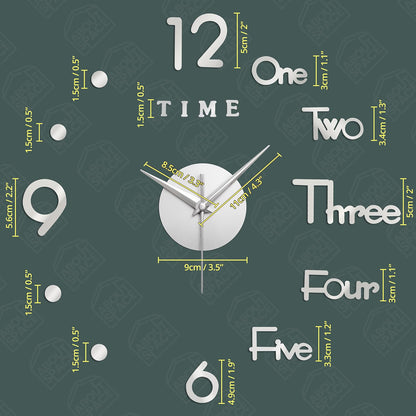 ABOUT SPACE Wall Clock - DIY Wall Sticker Clock Self Adhesive, Non-Ticking, Frameless, Acrylic Analog Watch Adjustable Size for Living Room, Bedroom, Office (Silver - Numbers, Words, Dots)