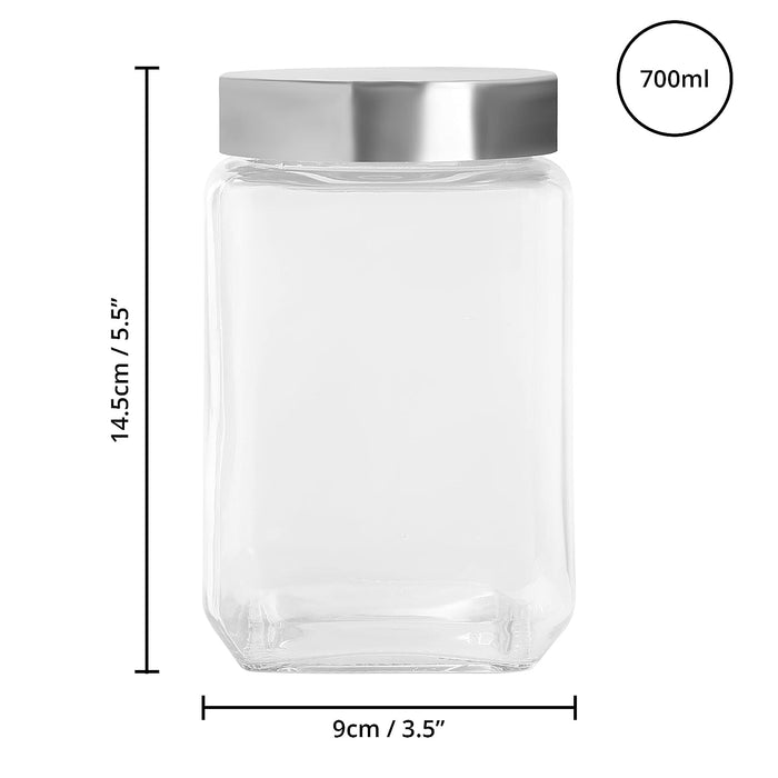 ABOUT SPACE Glass Containers with Lid - 700 ml Transparent Kitchen Storage Airtight Moistureproof Jars for Kitchen, Pantry Cereals, Tea, Coffee, Snacks, Jam - Small (Pack of 2 - L 9 x B 9 x H 14.5 cm)