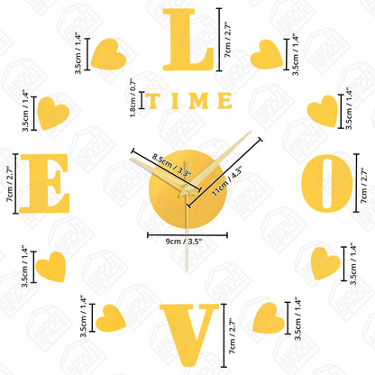 ABOUT SPACE Wall Clock - DIY Wall Sticker Clock Self Adhesive, Non-Ticking, Frameless, Acrylic Analog Watch Adjustable Size for Living Room, Bedroom, Office (Gold - Letters, Hearts)