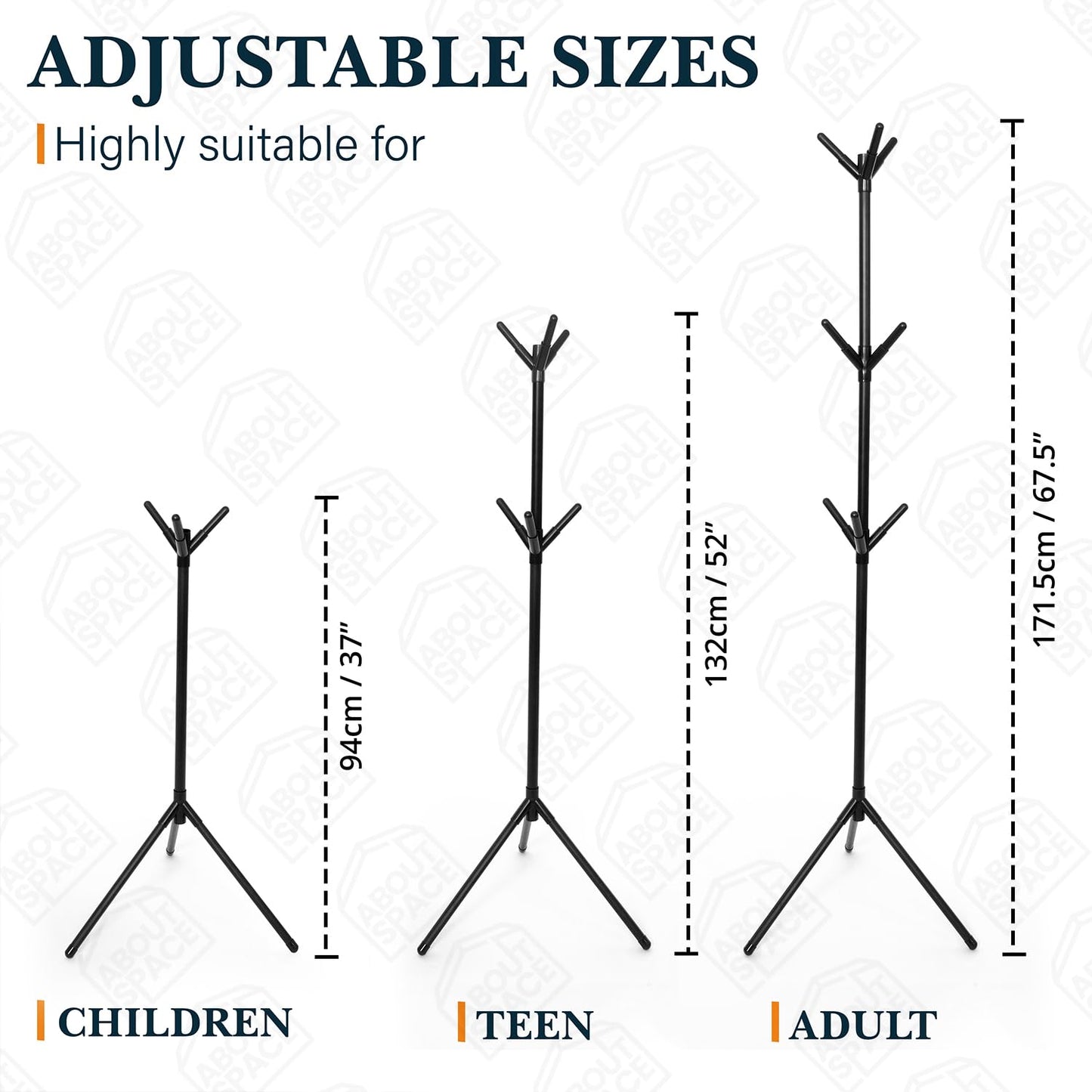 ABOUT SPACE Coat Hanger Stand for Home - Detachable Coat Rack with Triangle Base 9 Hooks for Umbrella Bags Dress Hanger Stand for Adults Children Bedroom Living Room (Black L 50 x B 50 x H 171.5 cm)